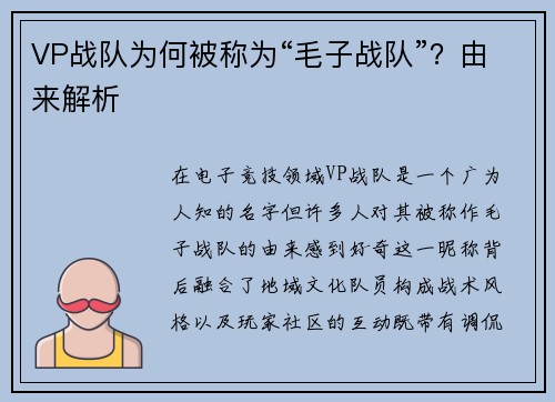 VP战队为何被称为“毛子战队”？由来解析